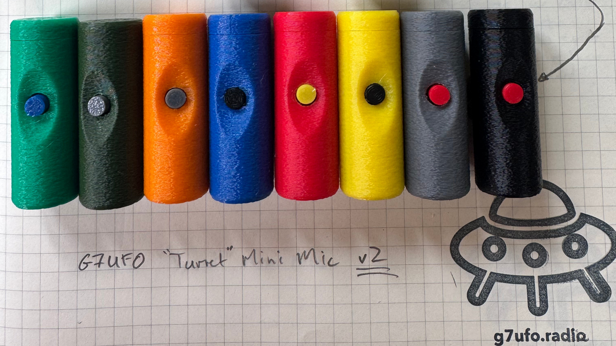 Coluorful Turret microphones on a grid background with annotations